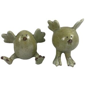 2 Vintage Green Ceramic Egg Bird Figurines Wings Easter Spring Shelf Sitter Set